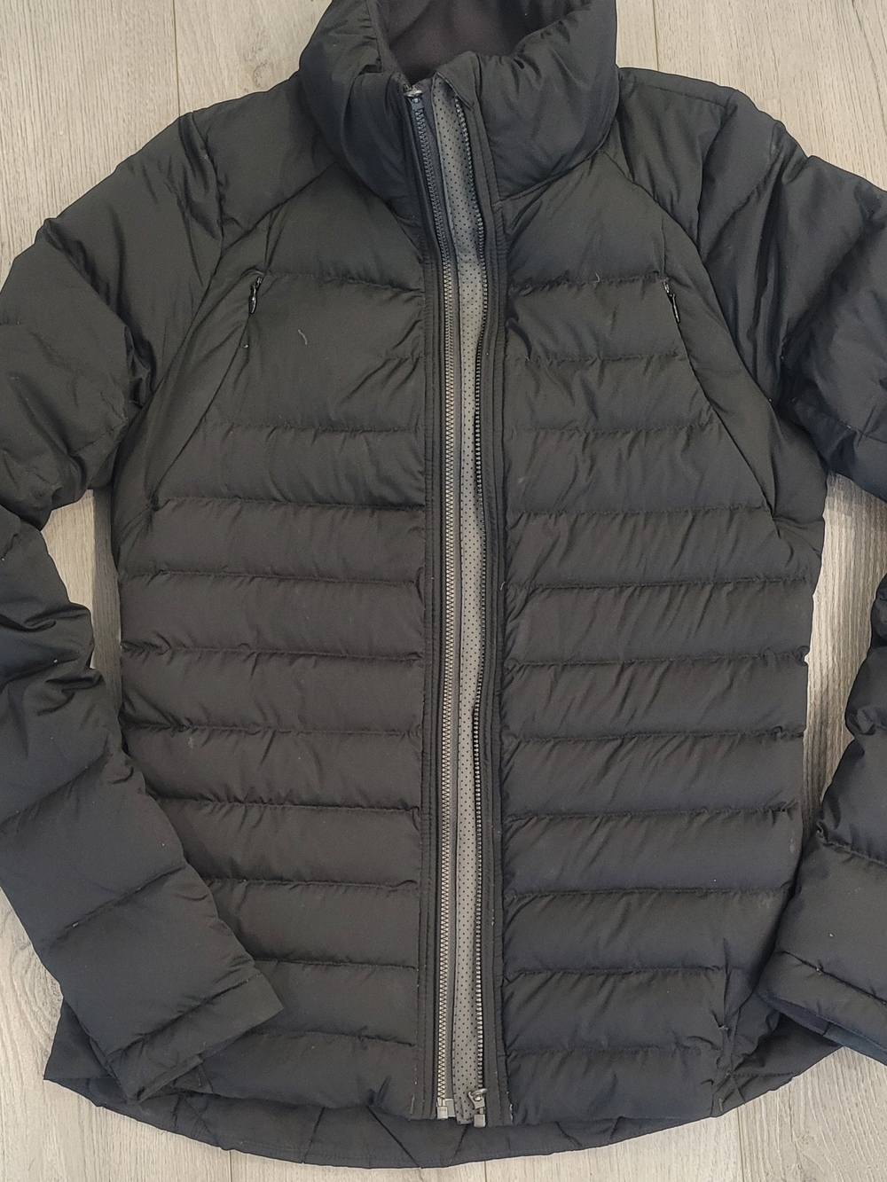 Lululemon Women's Black Puffer Jacket with High Collar, Front Side Chest Pockets